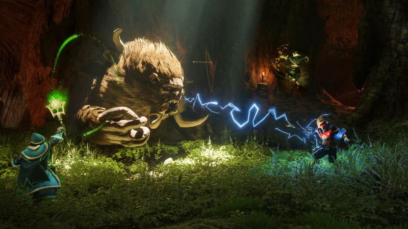 A mage and a ranger fight a huge horned beast with spells in Enshrouded