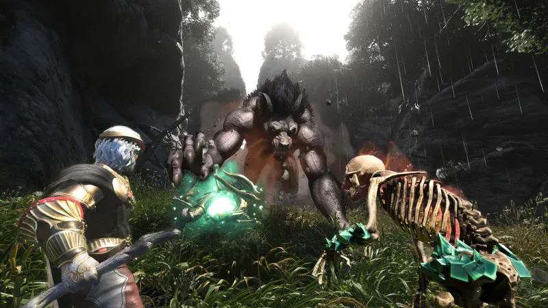 A player fights a huge furred beast and a skeleton warrior in a dark forest in Enshrouded