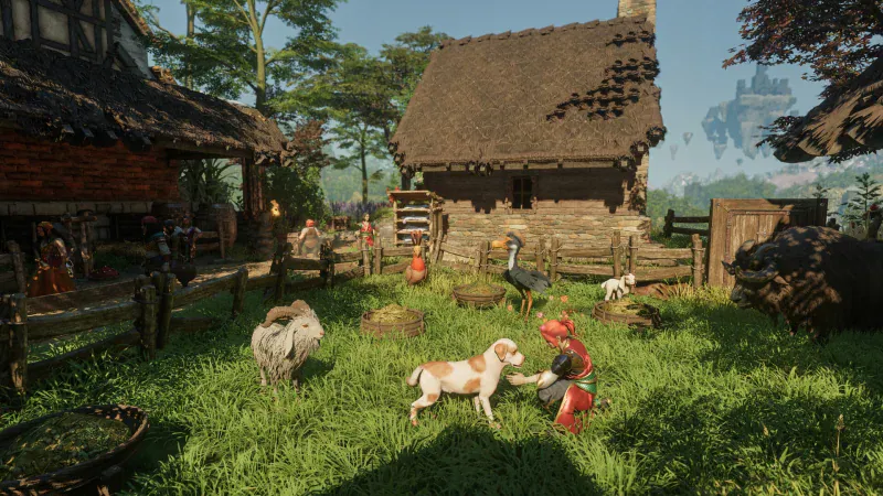 Survivors tend animals at a farmstead base in Enshrouded