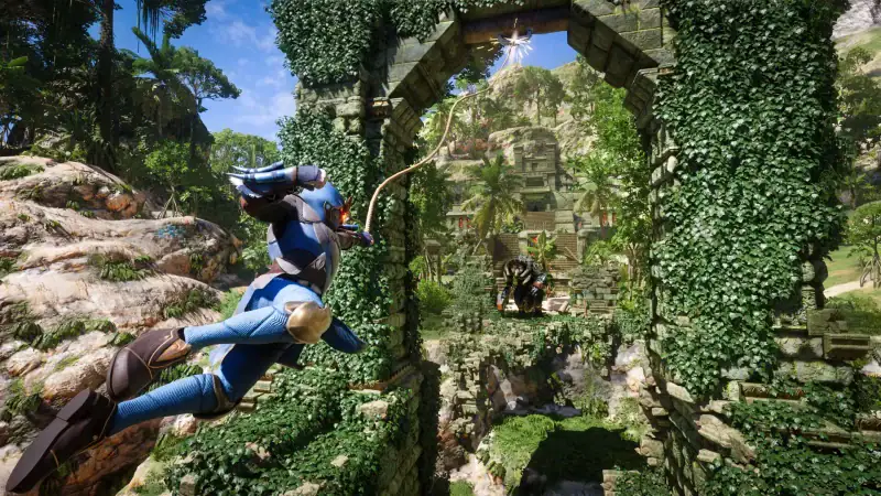 A player swings on a grappling hook through a jungle ruin in Enshrouded