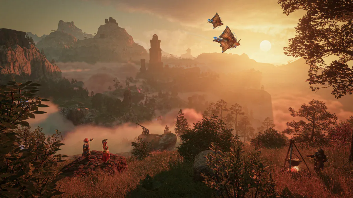 Players glide over a misty valley at sunset in Enshrouded