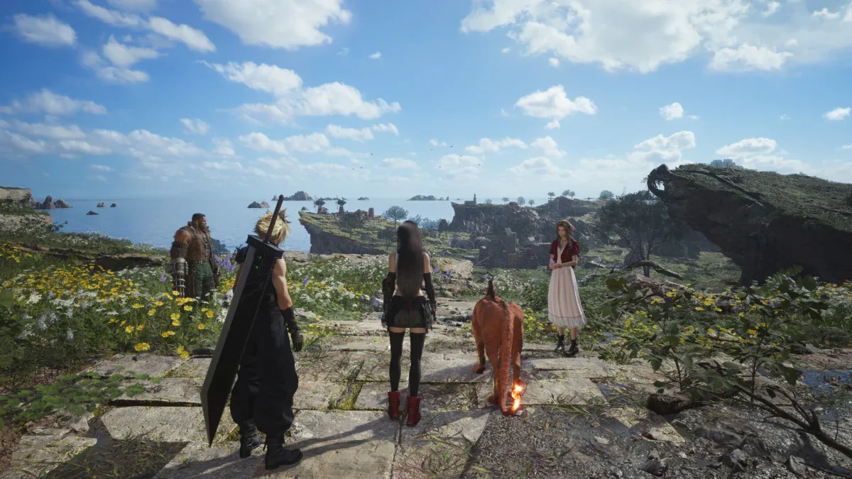 Cloud and his party walk across sunny grasslands towards a town in Final Fantasy VII Rebirth