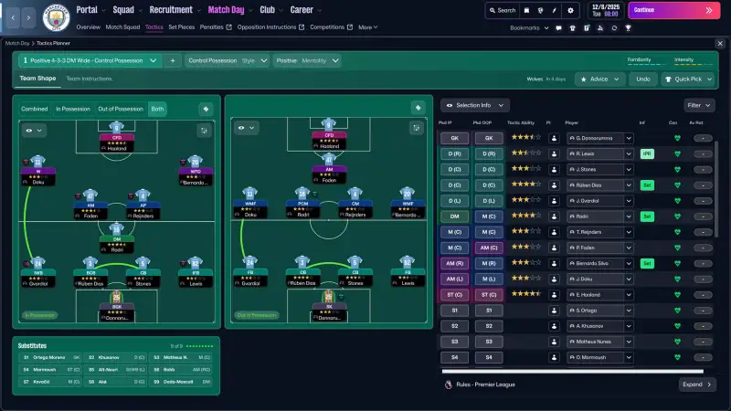The Football Manager 26 tactics screen with separate in-possession and out-of-possession formations