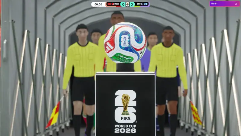 Players walk out of the tunnel past the FIFA World Cup 2026 match ball in Football Manager 26