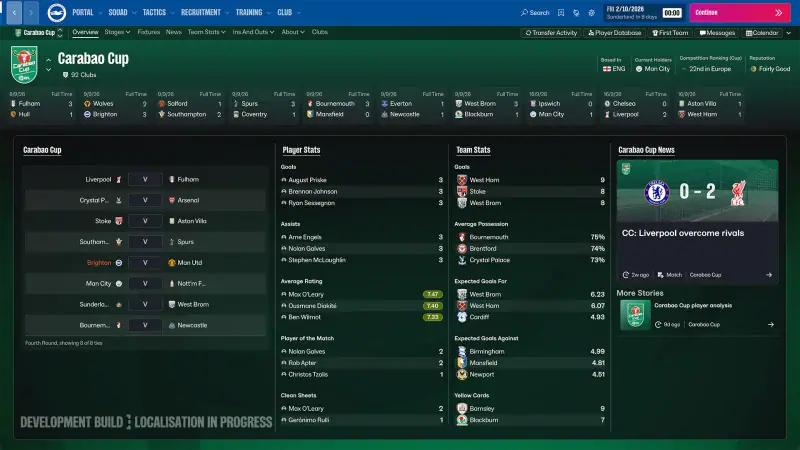 The Carabao Cup competition screen in Football Manager 27 with results, stats and news