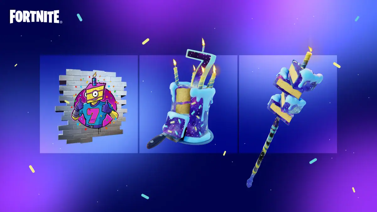Fortnite 7th birthday rewards: the Birthday Bud spray, the Sprinkly Space Cake back bling and the Cake Clobberer pickaxe