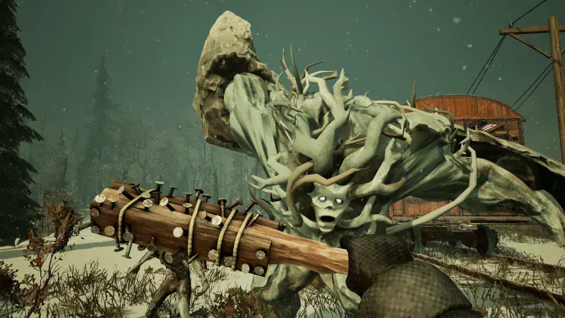 A player swings a spiked club at a Revenant in the snow in Frostrail