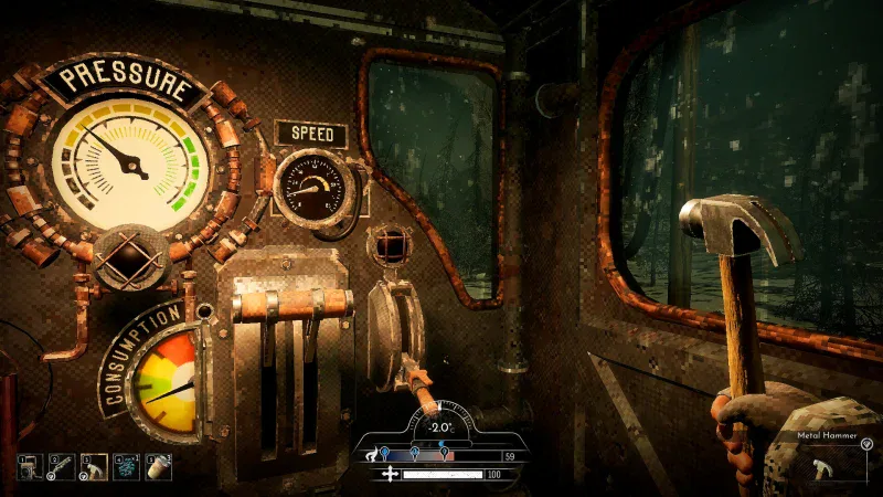 Pressure gauges and controls inside the cab of the Eden Engine train in Frostrail