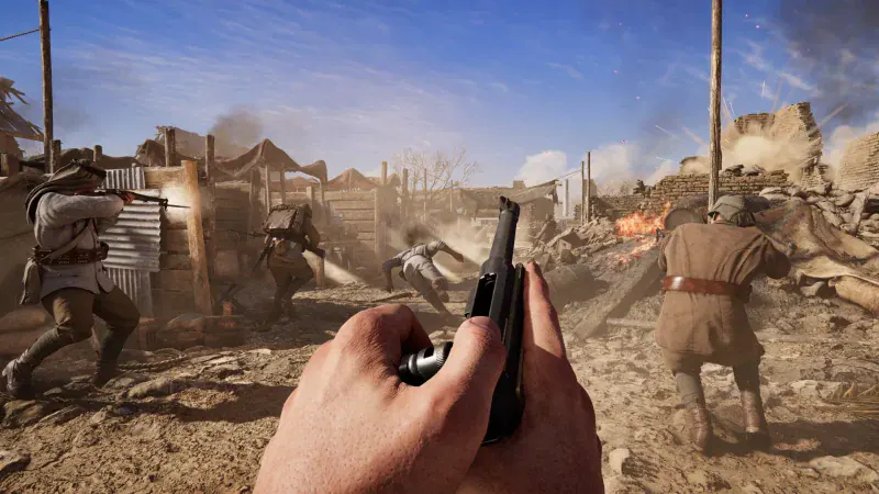 Soldiers charge through a ruined village with a pistol drawn in Gallipoli