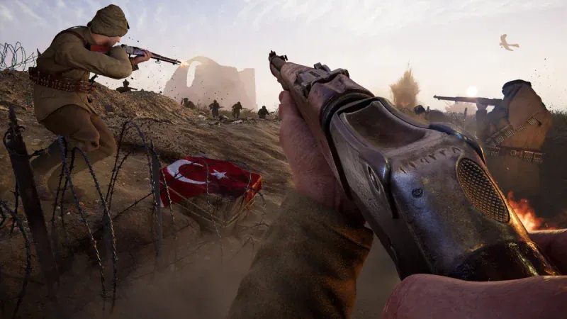 An Ottoman soldier aims a rifle over a sandbag trench beside a Turkish flag in Gallipoli