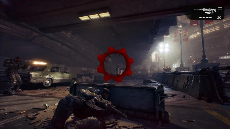 Marcus Fenix in cover during a firefight in the streets of Kalona in Gears of War: E-Day