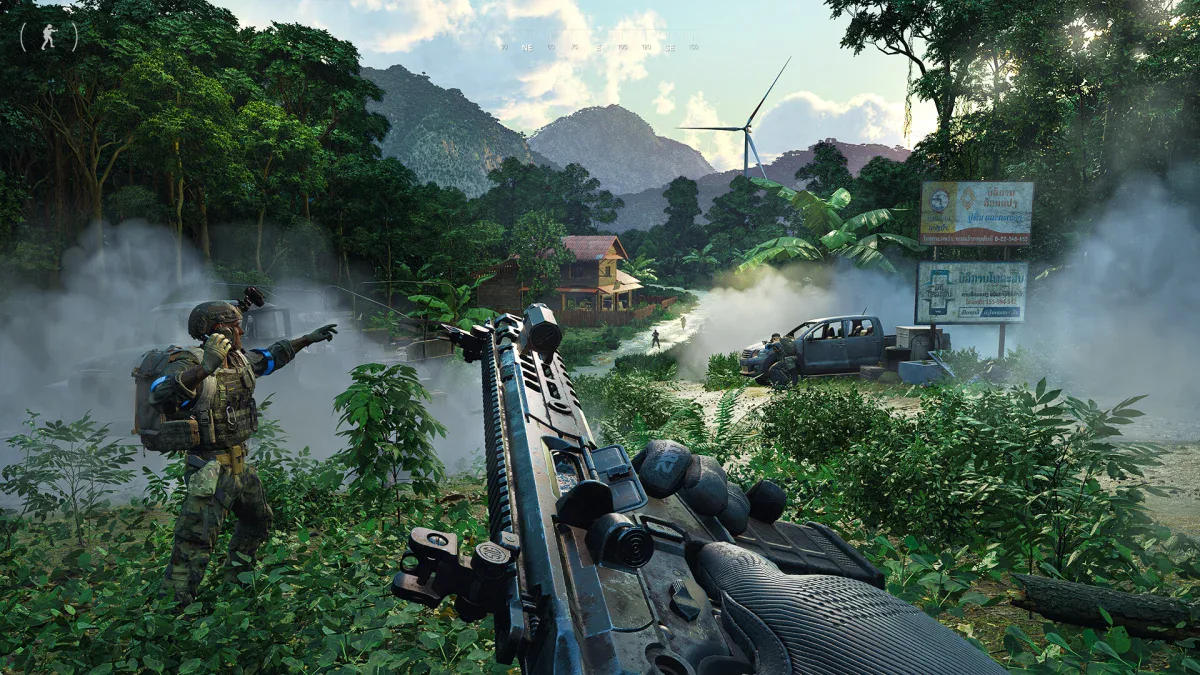 An operator signals his squad through jungle smoke near a roadside in Gray Zone Warfare