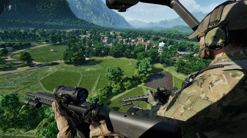 Operators ride a helicopter over Lamang's rice fields and jungle valley in Gray Zone Warfare