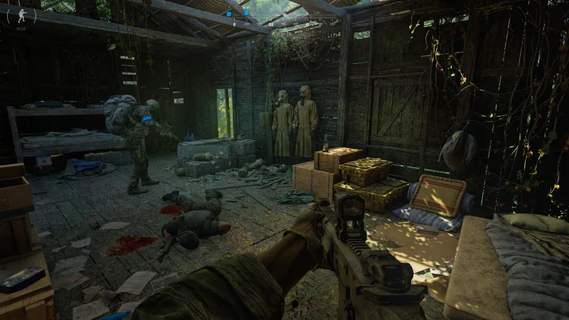 Operators clear a looted wooden shack with hazmat suits on the wall in Gray Zone Warfare