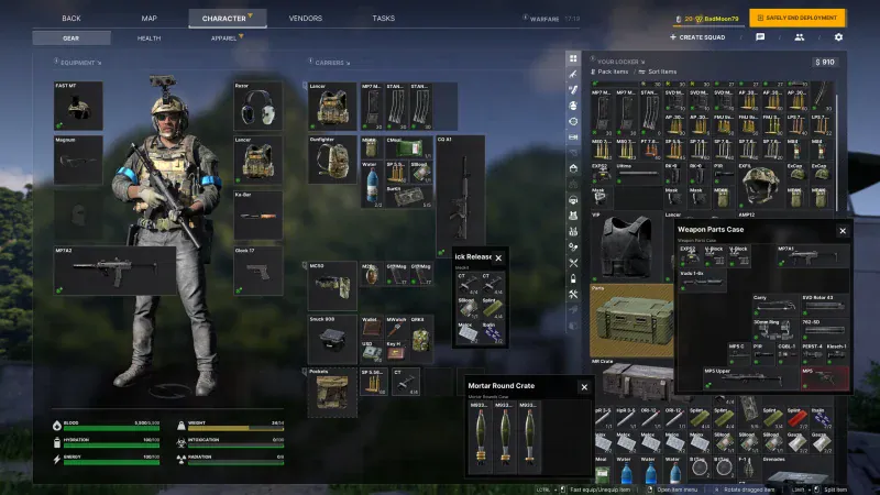 The Gray Zone Warfare character and locker screen with gear, weapons and a mortar round crate