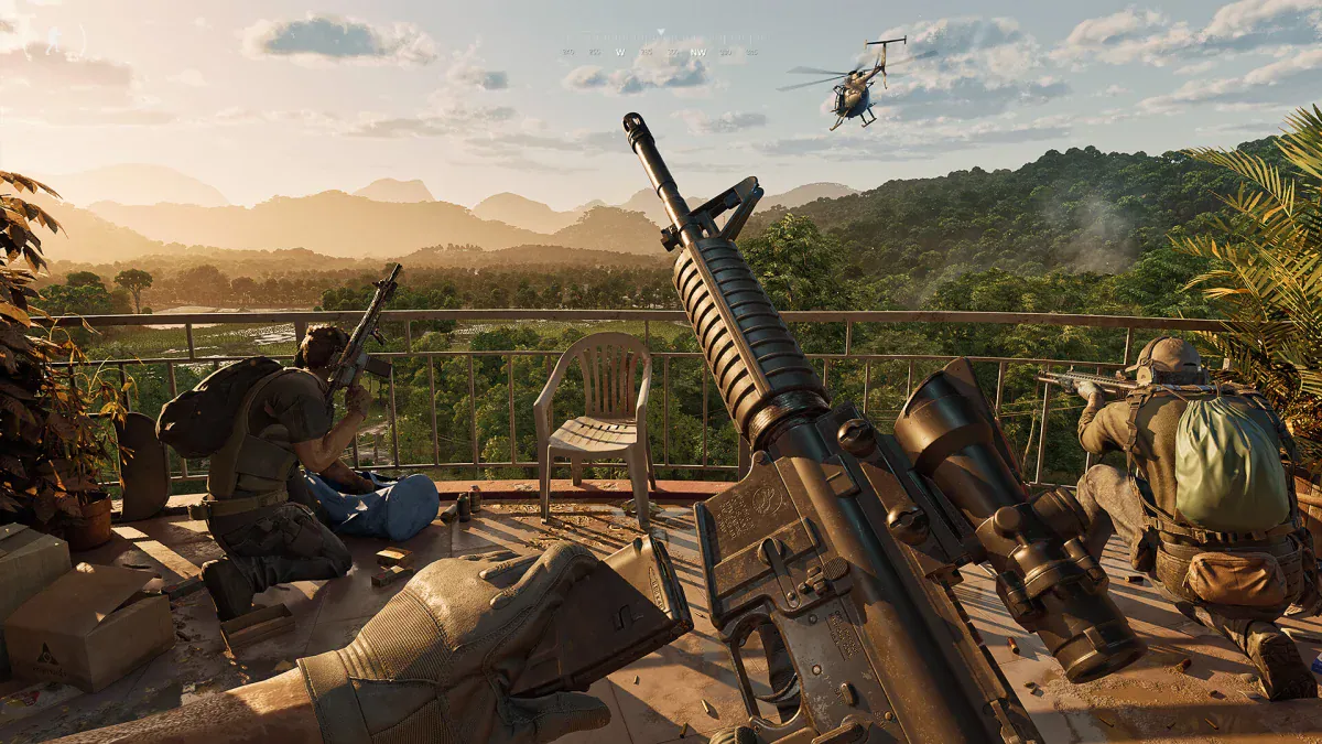 A PMC squad holds a jungle rooftop at sunset as a helicopter flies overhead in Gray Zone Warfare