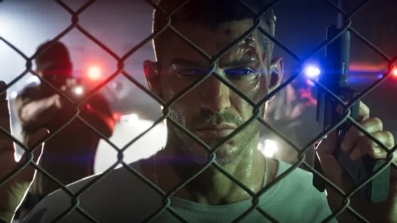 Jason Duval behind a chain-link fence lit by police lights in Grand Theft Auto VI
