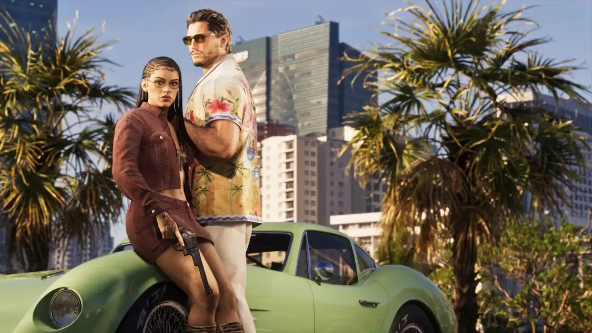 Jason Duval and Lucia Caminos lean on a classic green car beneath the Vice City skyline in GTA 6