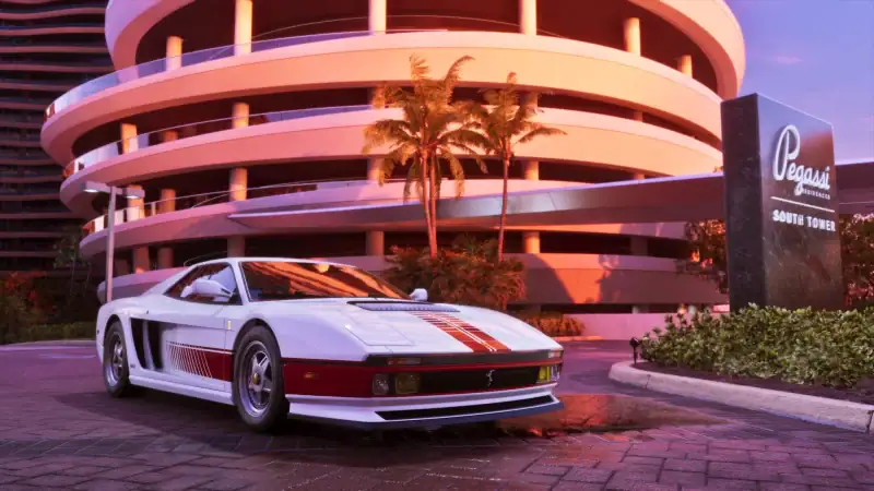 The white and red '95 Grotti Cheetah from the GTA 6 Ultimate Edition parked outside a Vice City garage