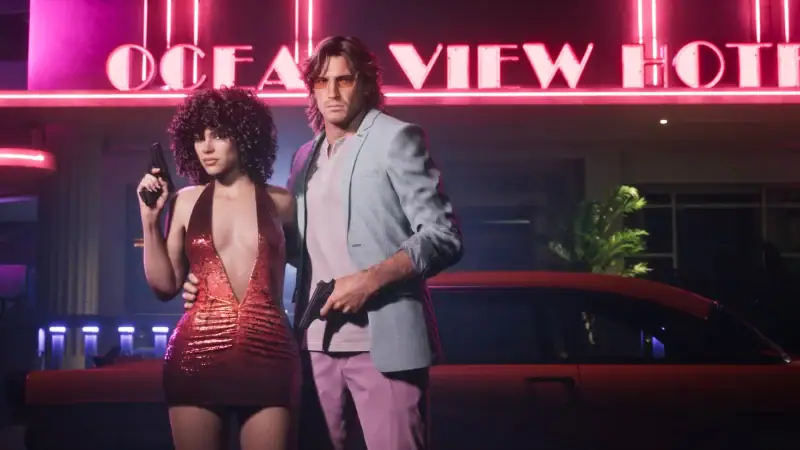 Jason and Lucia in retro outfits outside the Ocean View Hotel from the GTA 6 Vintage Vice City Pack
