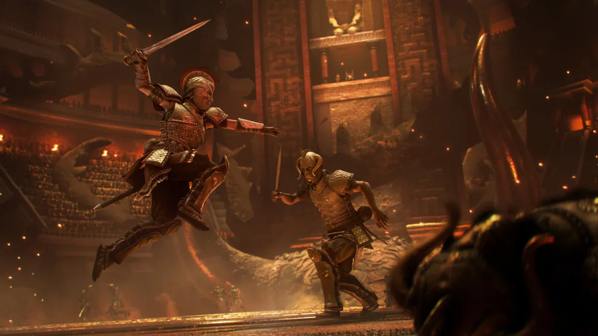 Theseus leaps at an armoured warrior in a fiery Minoan arena in Resonance: A Plague Tale Legacy