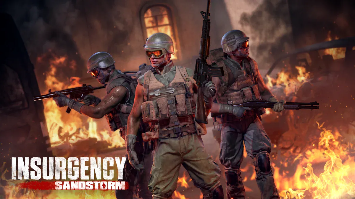 Insurgents in the new Remnant and Seasoned Warrior gear sets in front of a burning building in Insurgency: Sandstorm Operation: Echoes