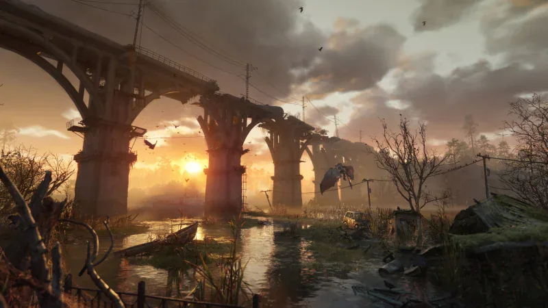A ruined bridge over flooded ground at sunset outside Moscow in METRO 2039