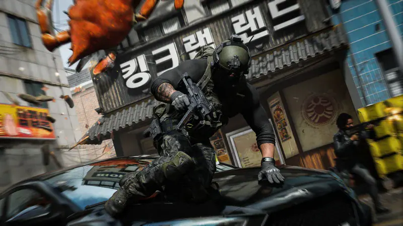 An operator vaults a car on a Korean street in Call of Duty: Modern Warfare 4