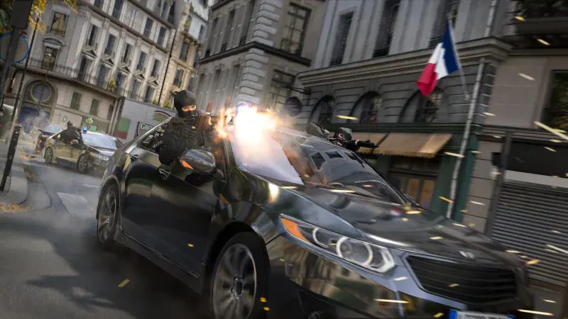 A gunfight from a speeding car during the Paris chase in Call of Duty: Modern Warfare 4