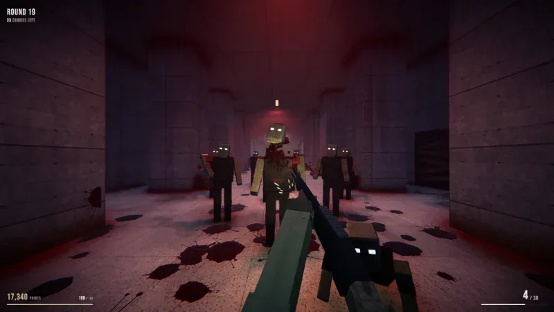 Zombies shuffle down a red-lit concrete corridor towards the player in Mortuus
