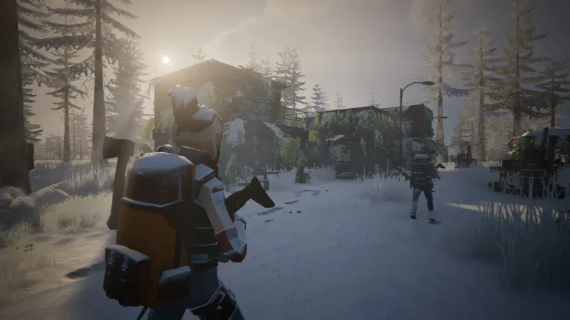 A survivor with a backpack walks through a snowy forest camp in Never Be Alone