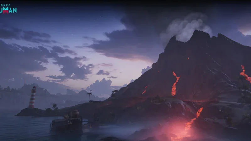 An active volcano with lava flows on the Falling Ember islands in Once Human: Isles of Abyss