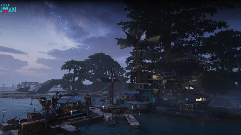 Giant trees and wooden platforms over the water in Misty Marsh in Once Human: Isles of Abyss