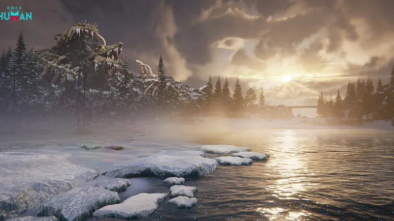 Snowy reef cliffs and floating ice at Reefshadow Bay in Once Human: Isles of Abyss