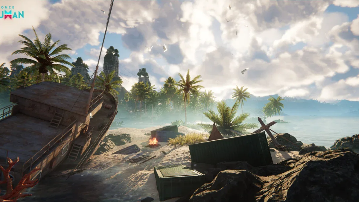 Palm trees, rocky shallows and a grounded shipwreck at Fragrant Cape in Once Human: Isles of Abyss