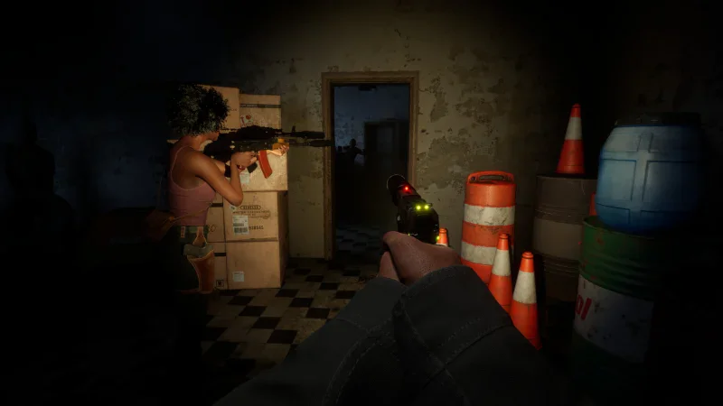 Two players aim rifles and a torch through a dark storeroom in Online: 404
