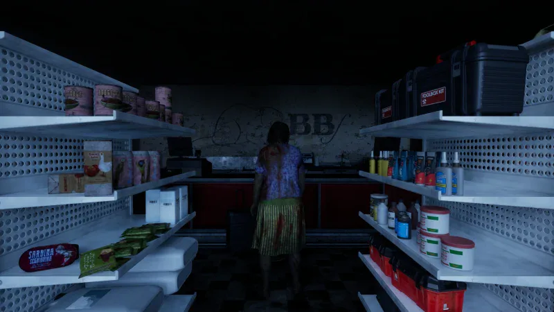 An infected resident stands between the shelves of an abandoned shop in Online: 404