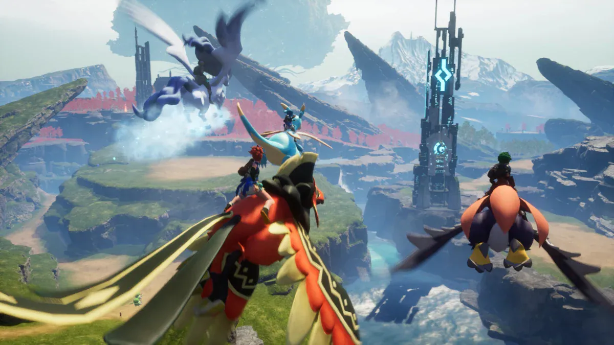 Players fly on Pals past a tall tower in Palworld