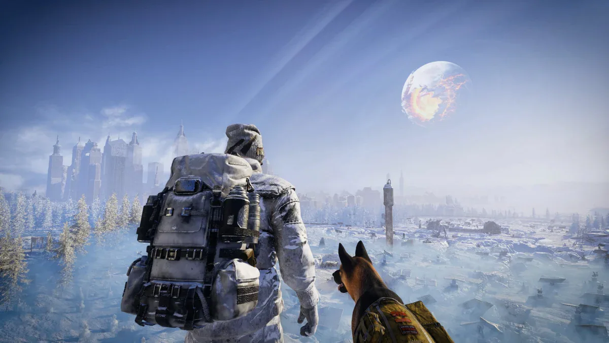Permafrost survivor and dog companion looking at the shattered moon over a frozen city
