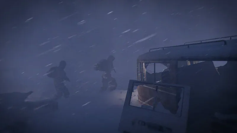 Survivors walking through a snowstorm in Permafrost
