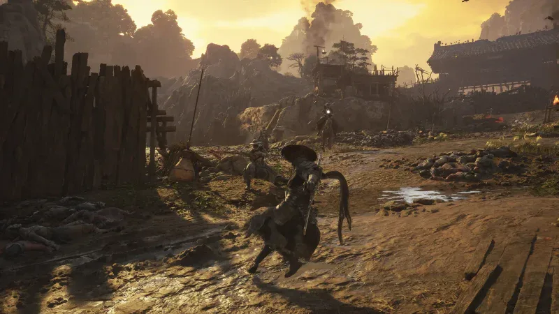 Soul fighting a spear soldier and a mounted rider on a muddy battlefield at sunset in Phantom Blade Zero