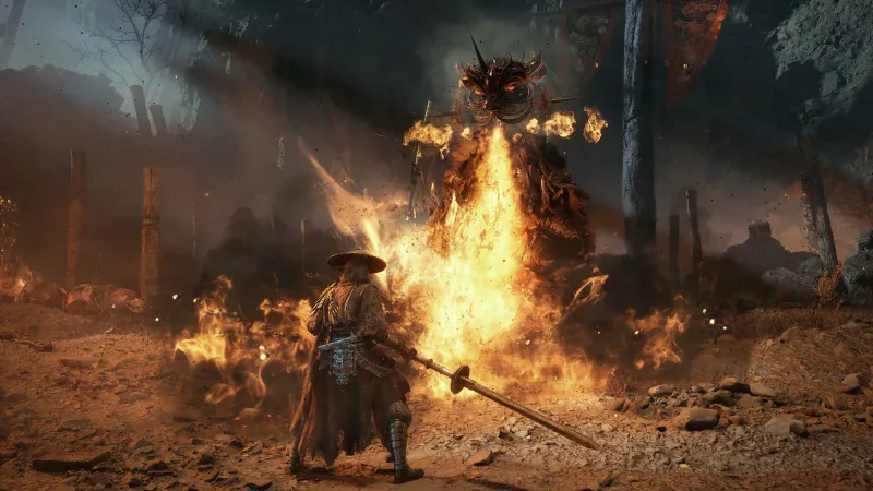 Soul facing a towering masked boss that breathes fire in Phantom Blade Zero