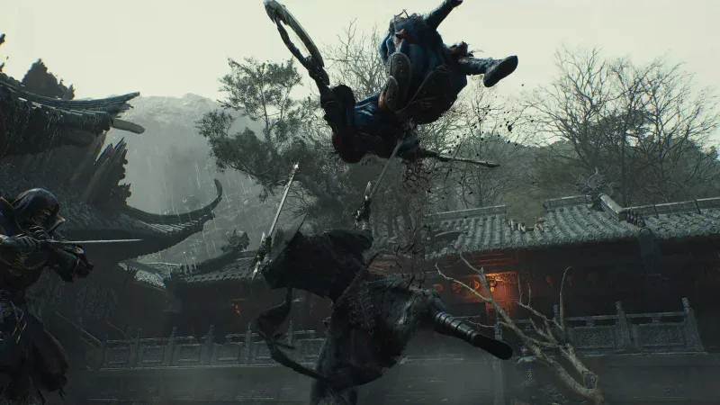 Soul launching an enemy into the air during a fight in a rainy temple courtyard in Phantom Blade Zero