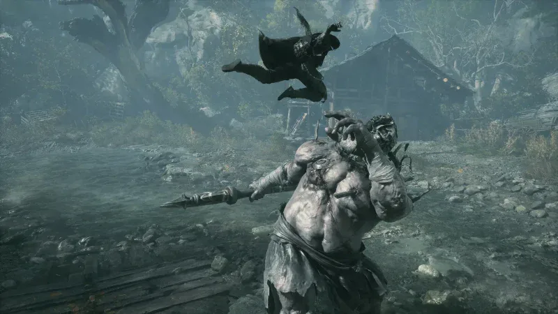 Soul leaping over a giant pale brute holding a spear outside a wooden hut in Phantom Blade Zero
