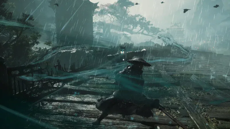 Soul lunging at a masked enemy with glowing eyes on a wooden walkway in heavy rain in Phantom Blade Zero