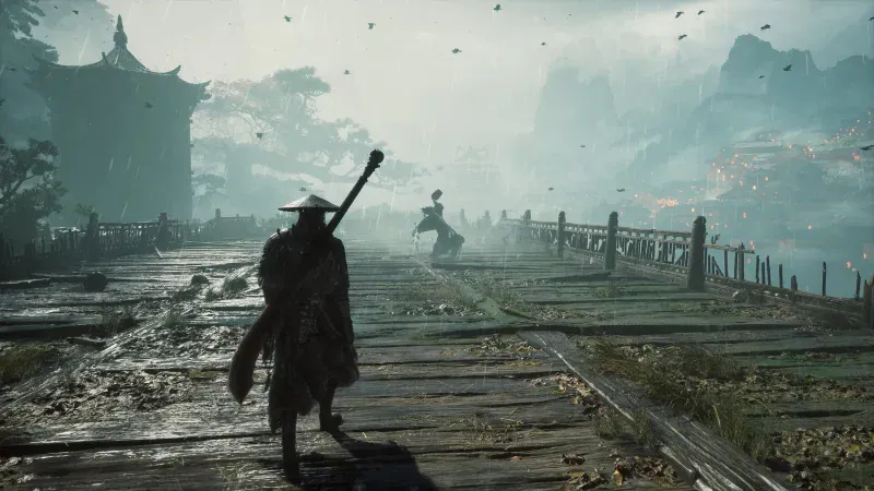 Soul walking across a rain-soaked wooden bridge toward a sword-wielding enemy in Phantom Blade Zero