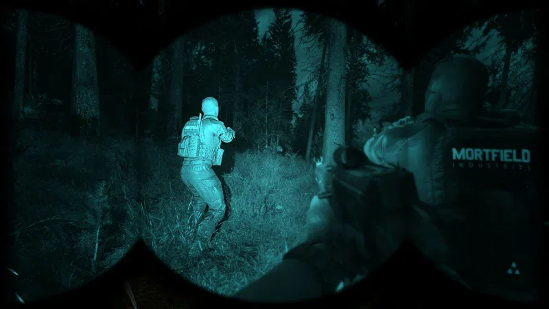 A glowing figure seen through night-vision goggles in a dark forest in Phantom Line
