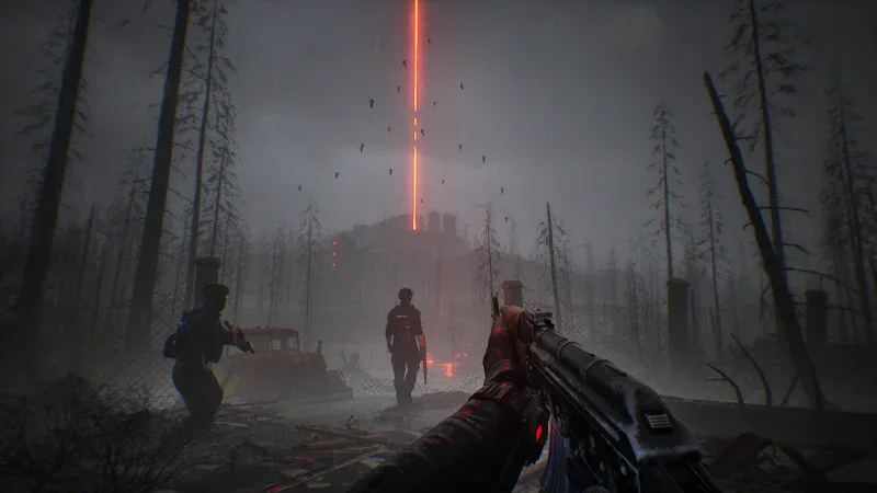A red beam of light rises from a foggy forest anomaly in Phantom Line: Prologue