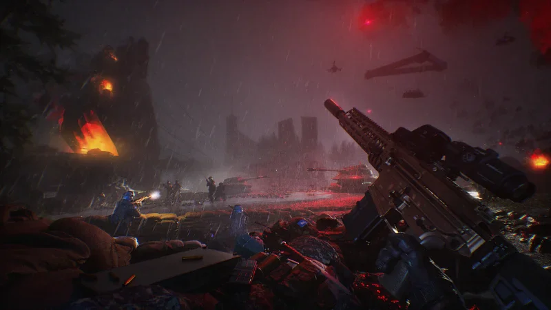 First-person view of an operator aiming a rifle as fires burn in a ruined, misty landscape in Phantom Line: Prologue