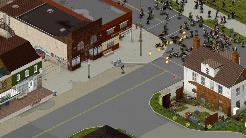 Zombies in a Project Zomboid town
